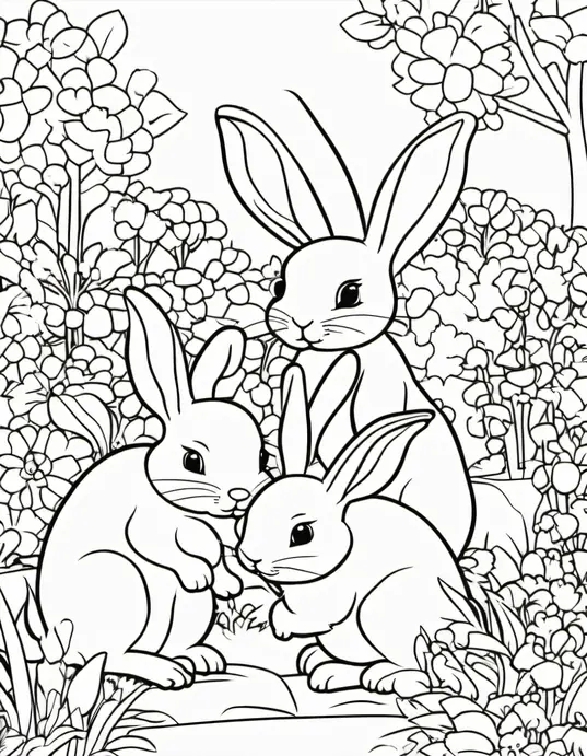 Spring Bunnies Garden Coloring Page
