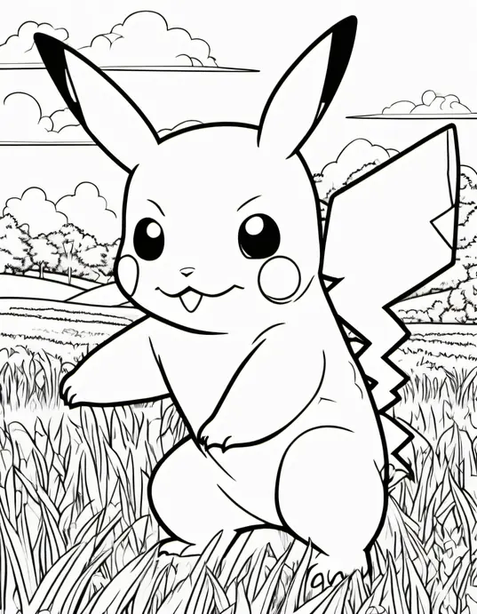 Pokemon Adventure Coloring Page: Catching Pikachu in Grasslands