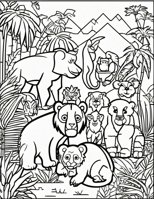 Pixely Jungle Creatures Coloring Book Scene