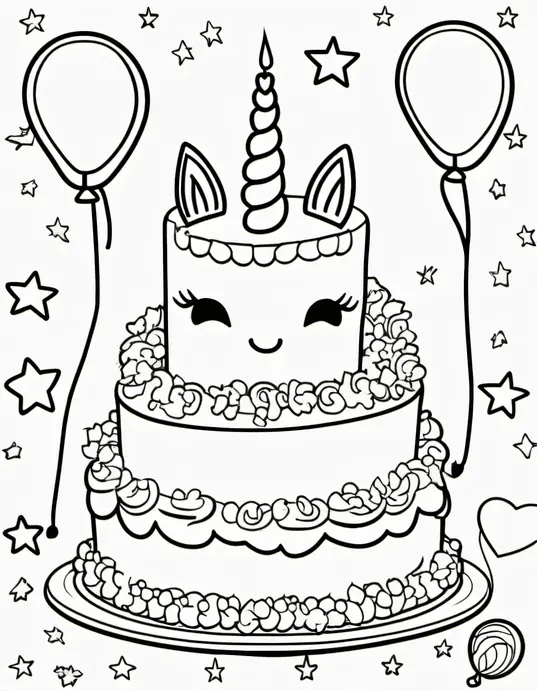 Unicorn Birthday Party Coloring Scene