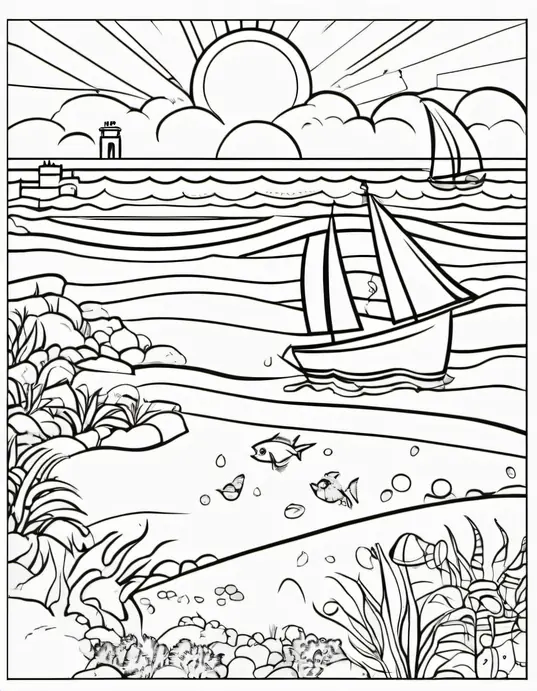 Sunny Seaside Coloring Scene for Kids