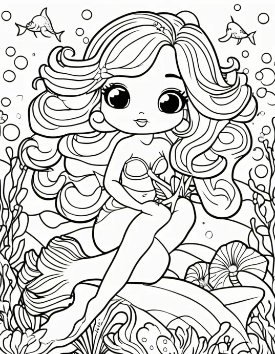 Kawaii Mermaid Underwater Coloring Scene