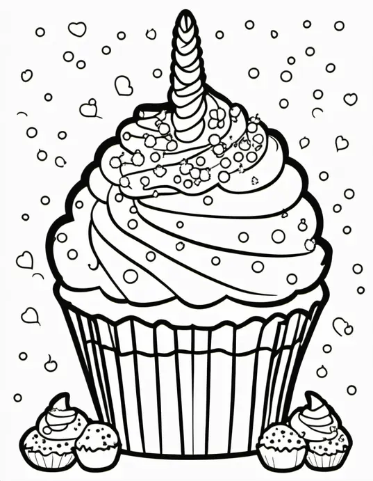 Sweet Sprinkled Unicorn Cupcake Coloring Scene