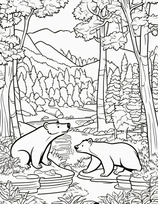 Coloring Bears Playing in the Forest Hideaway