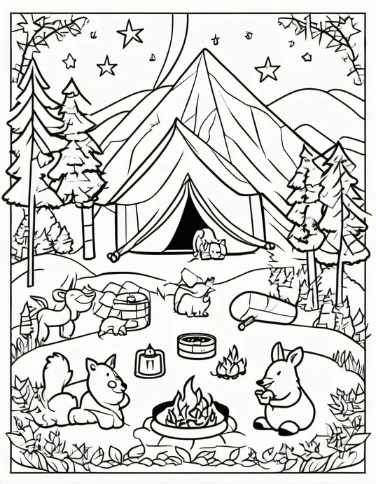Explore Forest Campsite Coloring Scene for Kids