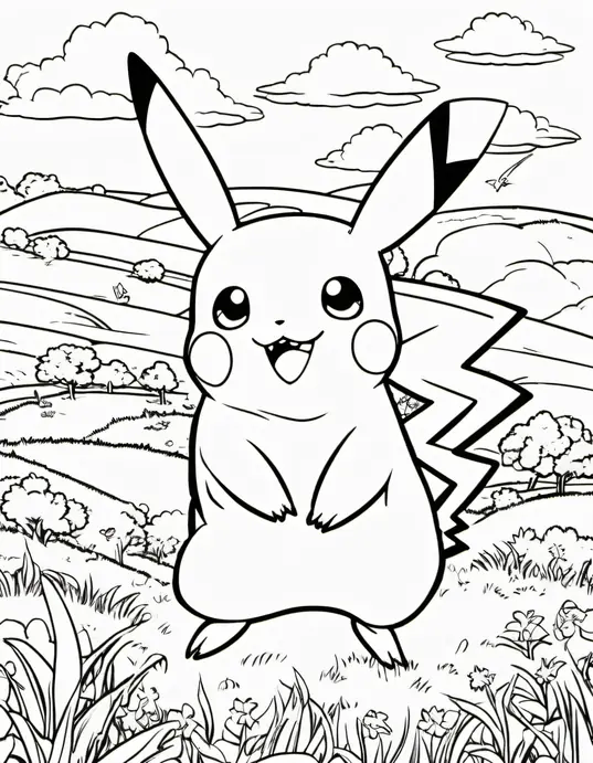 Pokemon Coloring: Catchy Pikachu in Grassland Scene