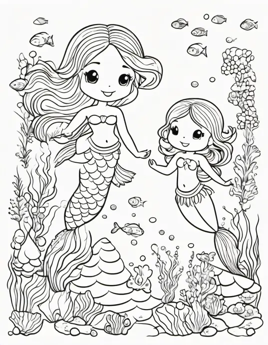 Kawaii Mermaid Underwater Coloring Scene