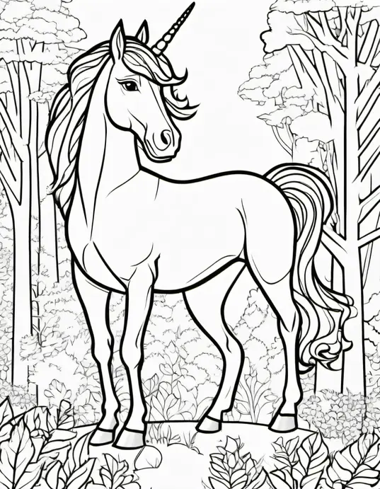Magical Unicorn Forest Coloring Page for Kids