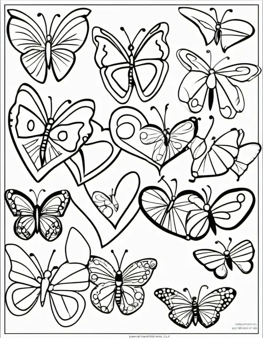 Heart-Shaped Rainbow Butterflies Coloring Page for Valentine's Day