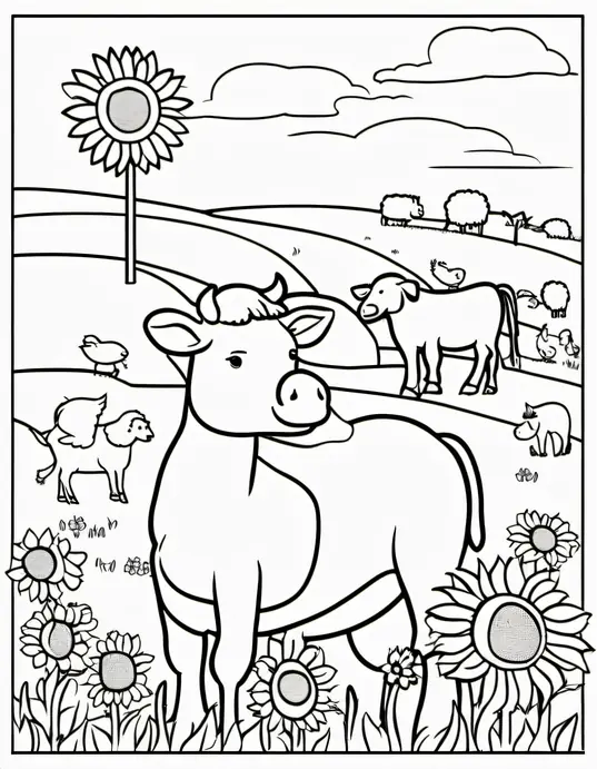 Color Farm Animals in Sunflower Field