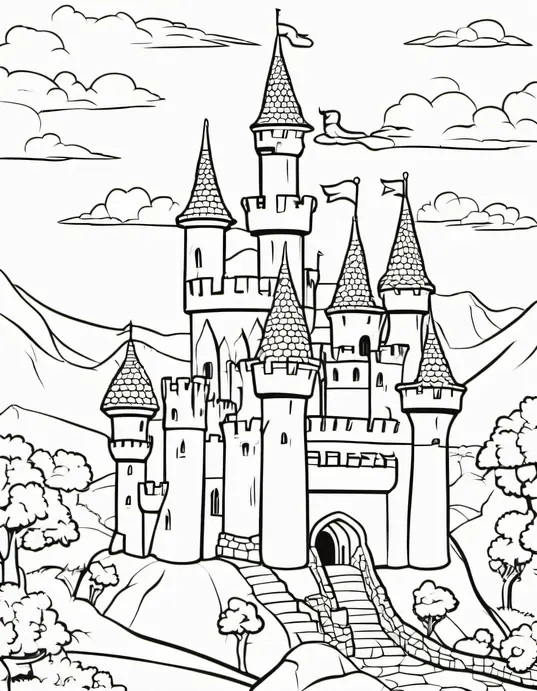 Medieval Dragon Castle Coloring Page