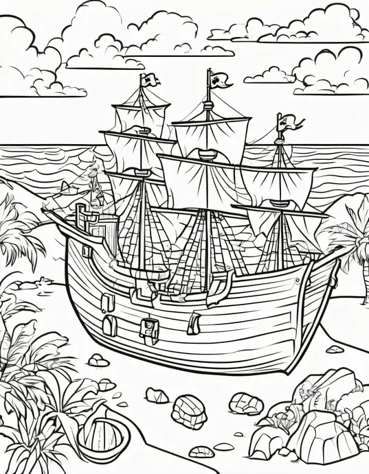 Pirate Treasure Island Coloring Scene for Kids