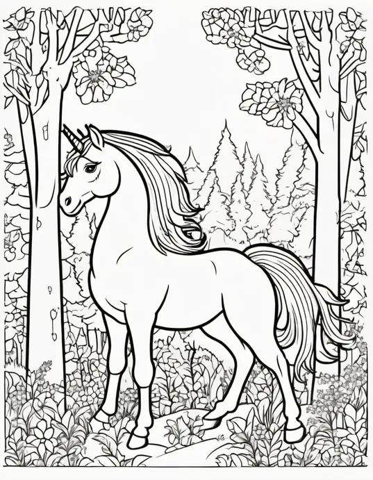Enchanting Unicorn Forest Coloring Page