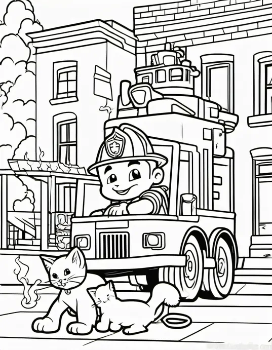 Firetruck Coloring Page: Save the Kitten Rescue Scene