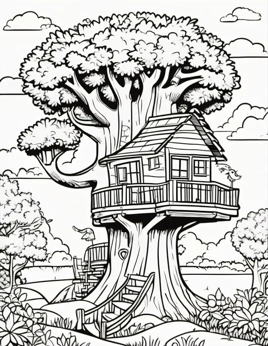 Explore Sunny Treehouse Coloring Scene