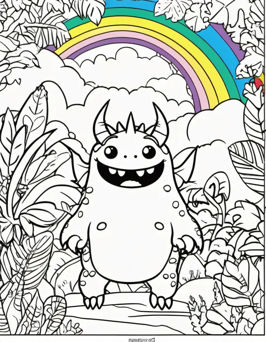 Cute Monster Jungle Rainbow Coloring Scene