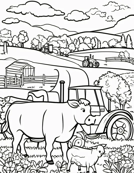 Color Farm Animals in a Sunny Meadow Scene