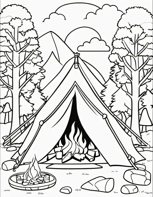 Exploring Forest Campsite Coloring Scene