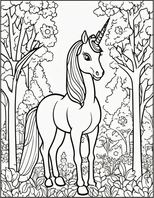 Whimsical Unicorn Forest Coloring Page