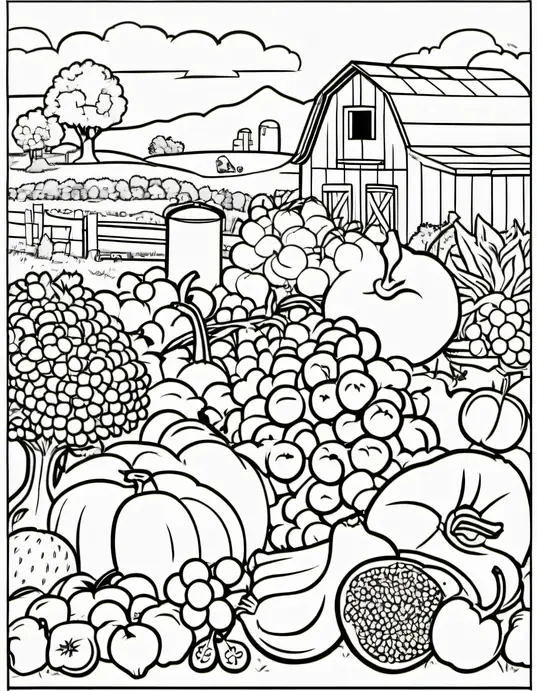 Colorful Farm Fruits & Vegetables Coloring Page