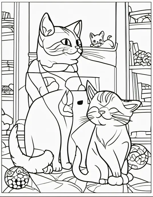 Colorful Cat and Kitten Playtime Scene