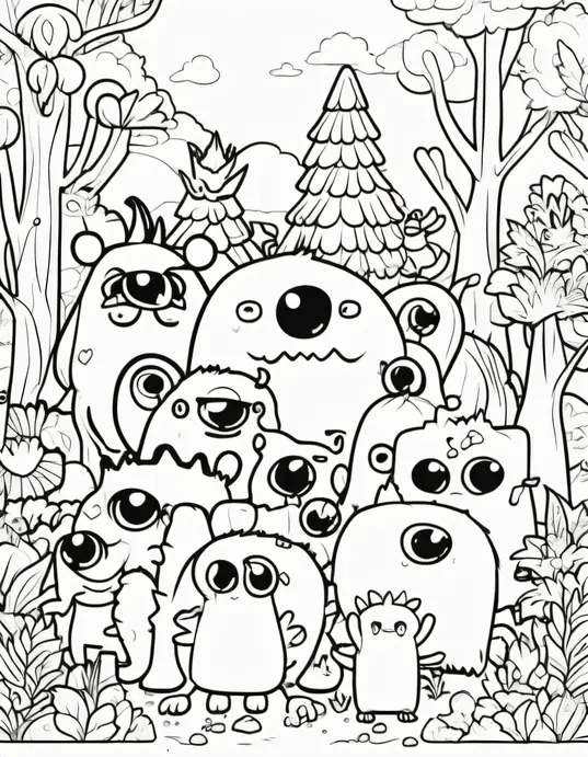 Cute Monster Forest Coloring Page for Kids