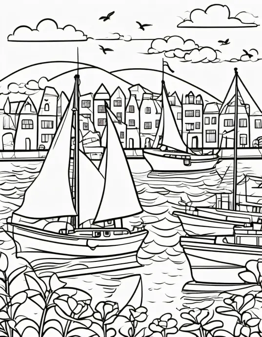 Sailboat Coloring Page: Colorful Sunset Harbor Scene