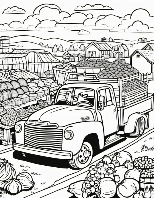 Truck Farm Coloring Page: Sunset Delivery Adventure