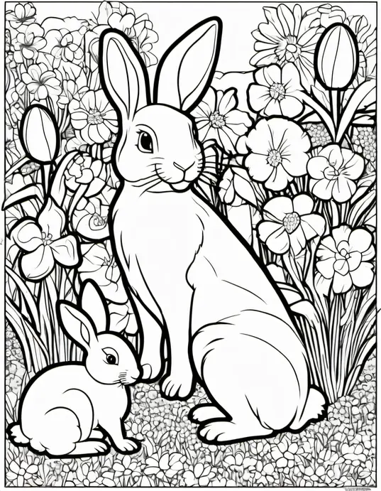 Easter Bunny Garden Coloring Page for Kids