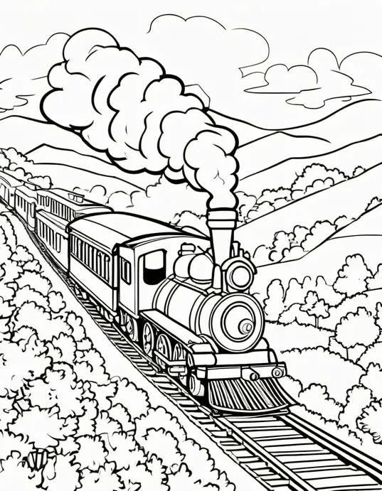 Colorful Chugging Steam Train Journey Scene