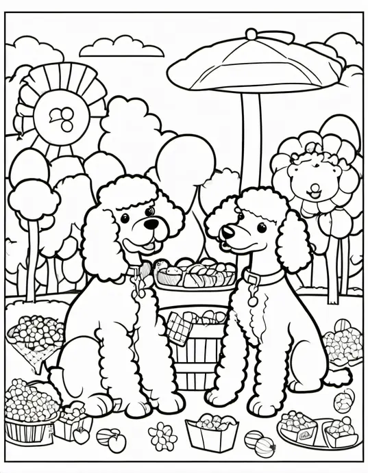 Playful Poodle Picnic Coloring Page