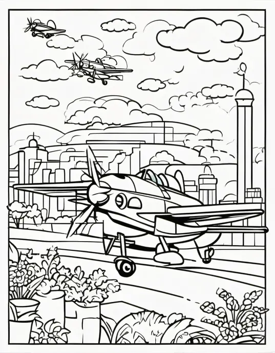 Coloring Airplanes Taking Off in a Blue Sky Scene