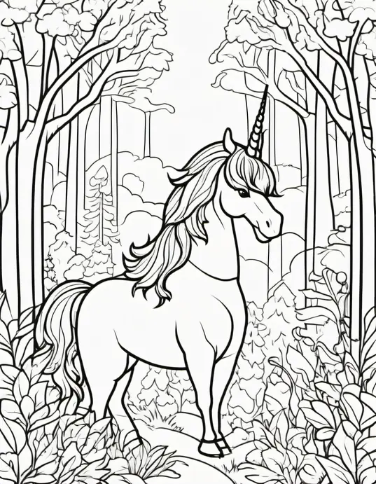 Magical Unicorn Forest Coloring Scene