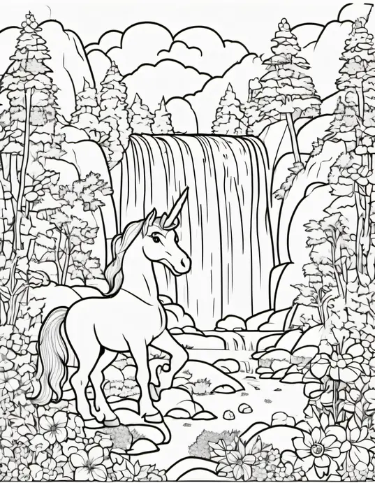 Kawaii Unicorn Forest Coloring Scene