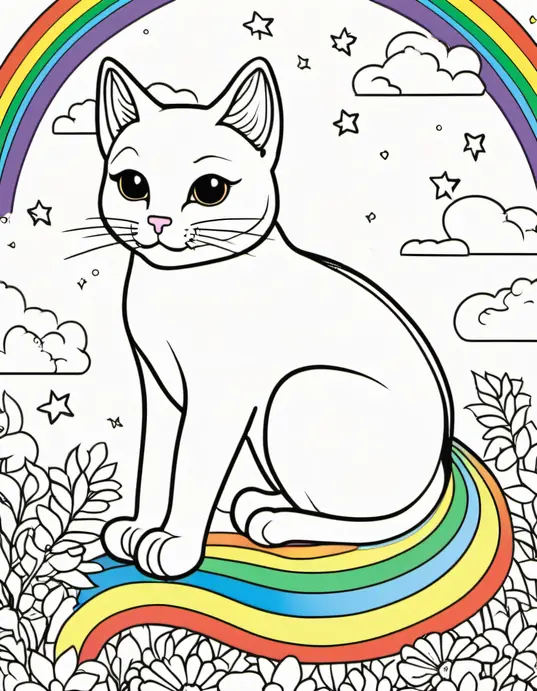 Magical Rainbow Cat Coloring Scene