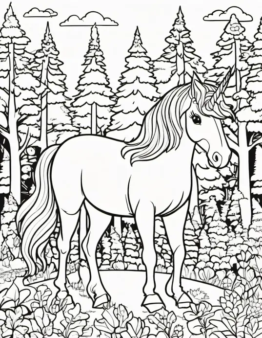 Magical Unicorn Forest Coloring Page