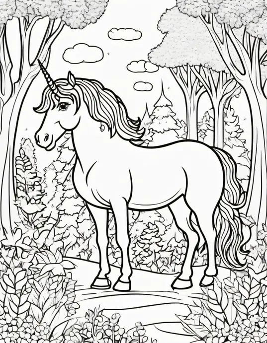 Magical Unicorn Forest Coloring Page for Kids