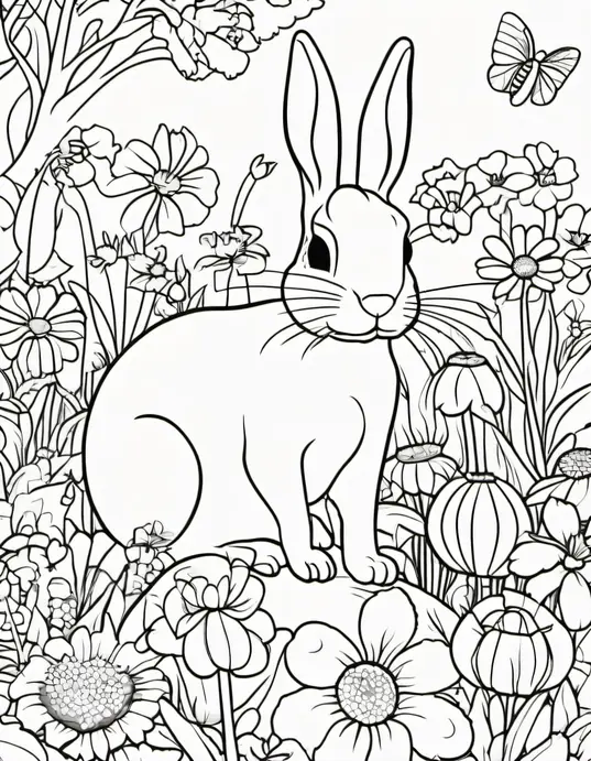 Springtime Bunny Garden Coloring Page