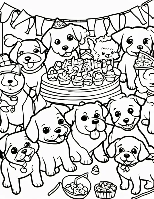 Puppy Party Coloring Page: Fun Times with Furry Friends