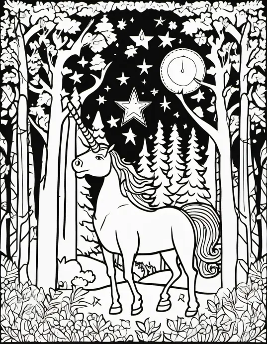 Enchanted Forest Unicorn Coloring Scene