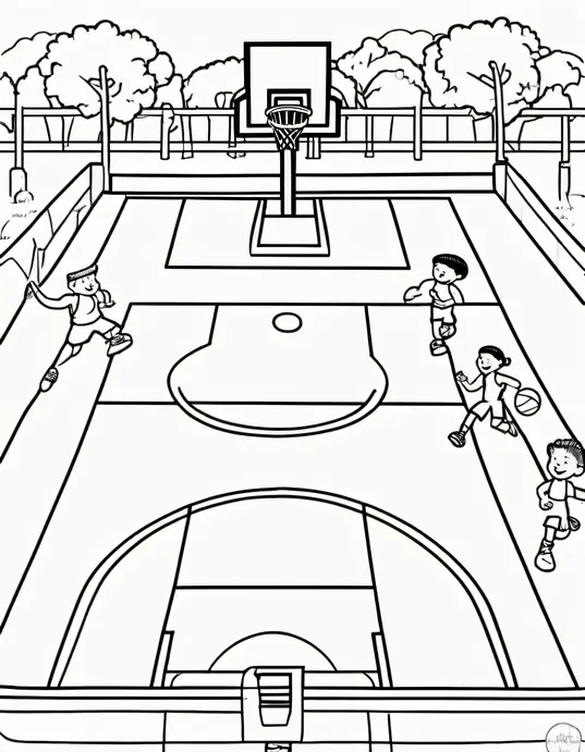 Color in a Cheerful Basketball Playground Scene