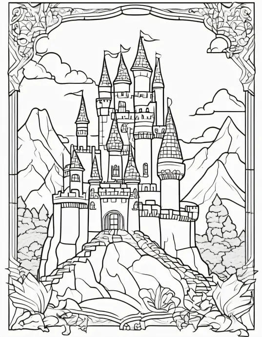 Medieval Castle Coloring Page with Dragon Friends