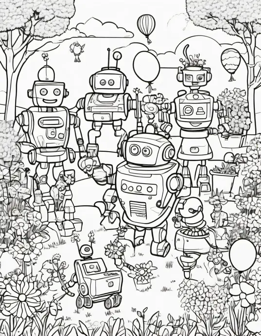 Color and Explore: Friendly Robot Garden Party