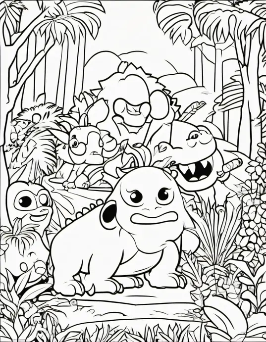 Cute Monster Jungle Coloring Page