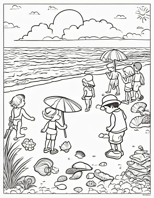 Seashell Coloring Page for Kids: Beach Treasure Hunt