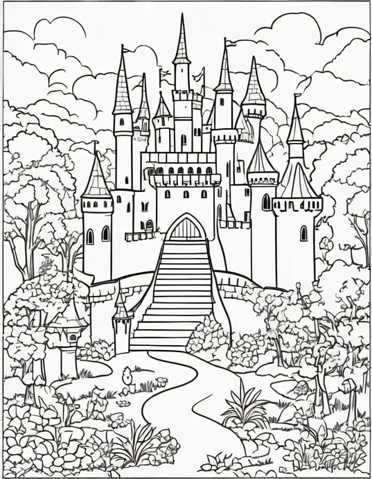 Medieval Knight Coloring Page: Castle Garden Dragons