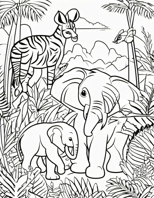 Exotic Jungle Animals Coloring Scene