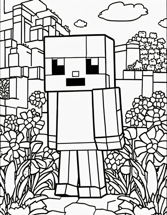 Minecraft Adventure Coloring Page: Creeper's Flower Garden