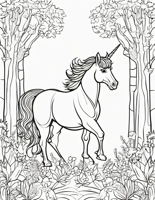 Enchanted Unicorn Forest Coloring Scene
