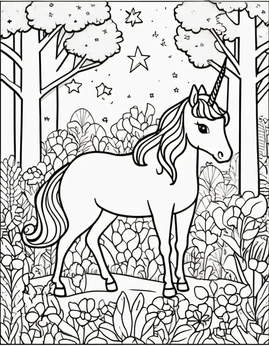 Pink Unicorn Forest Coloring Scene for Kids